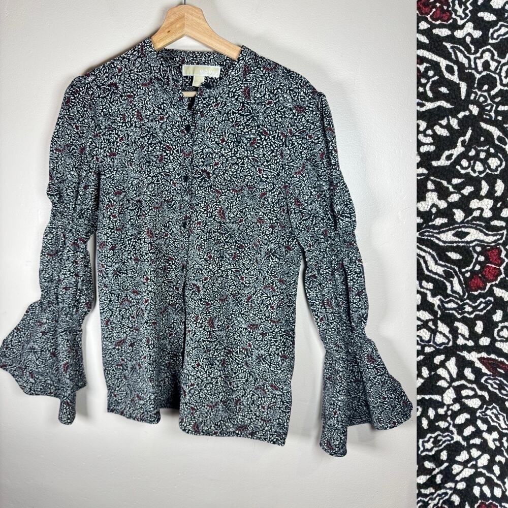 MICHAEL KORS Womens Blouse Button Down M Dark Floral Bell Sleeve Career Business